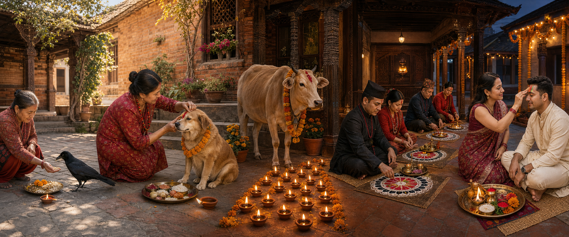 Five connected Tihar scenes show grain offered to a crow, a garlanded dog, an honored cow near lamps, a family performing Mha Puja, and a sister applying Bhai Tika to her brother.