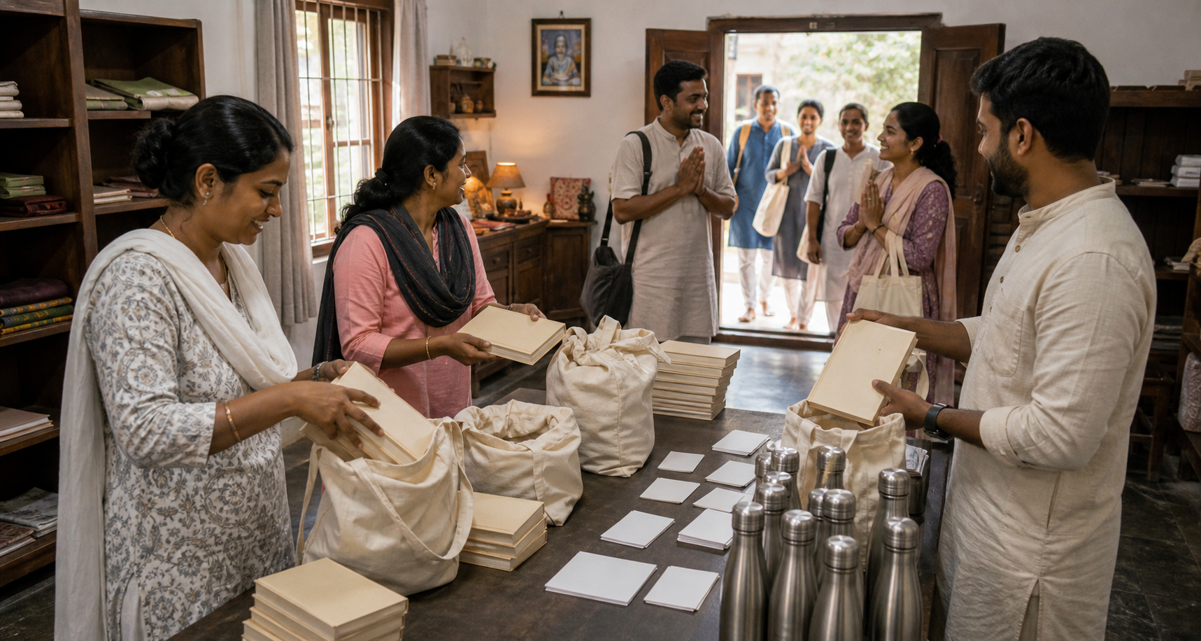 Temple volunteers prepare book bags while another outreach group returns through an open doorway.