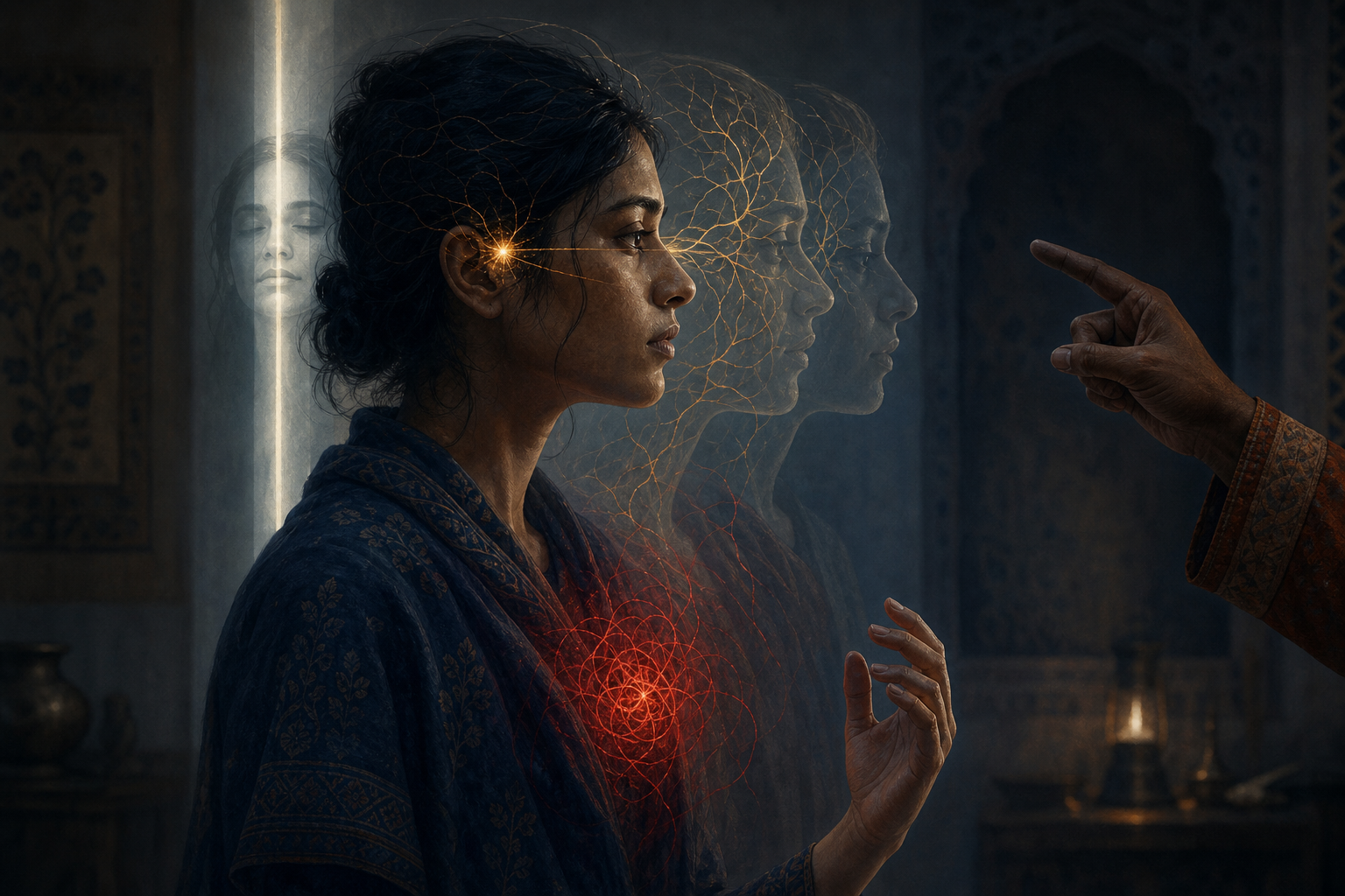 A person pauses during a tense interaction as translucent sensory, mental, and emotional layers gather around the body, with a steady column of light behind them.