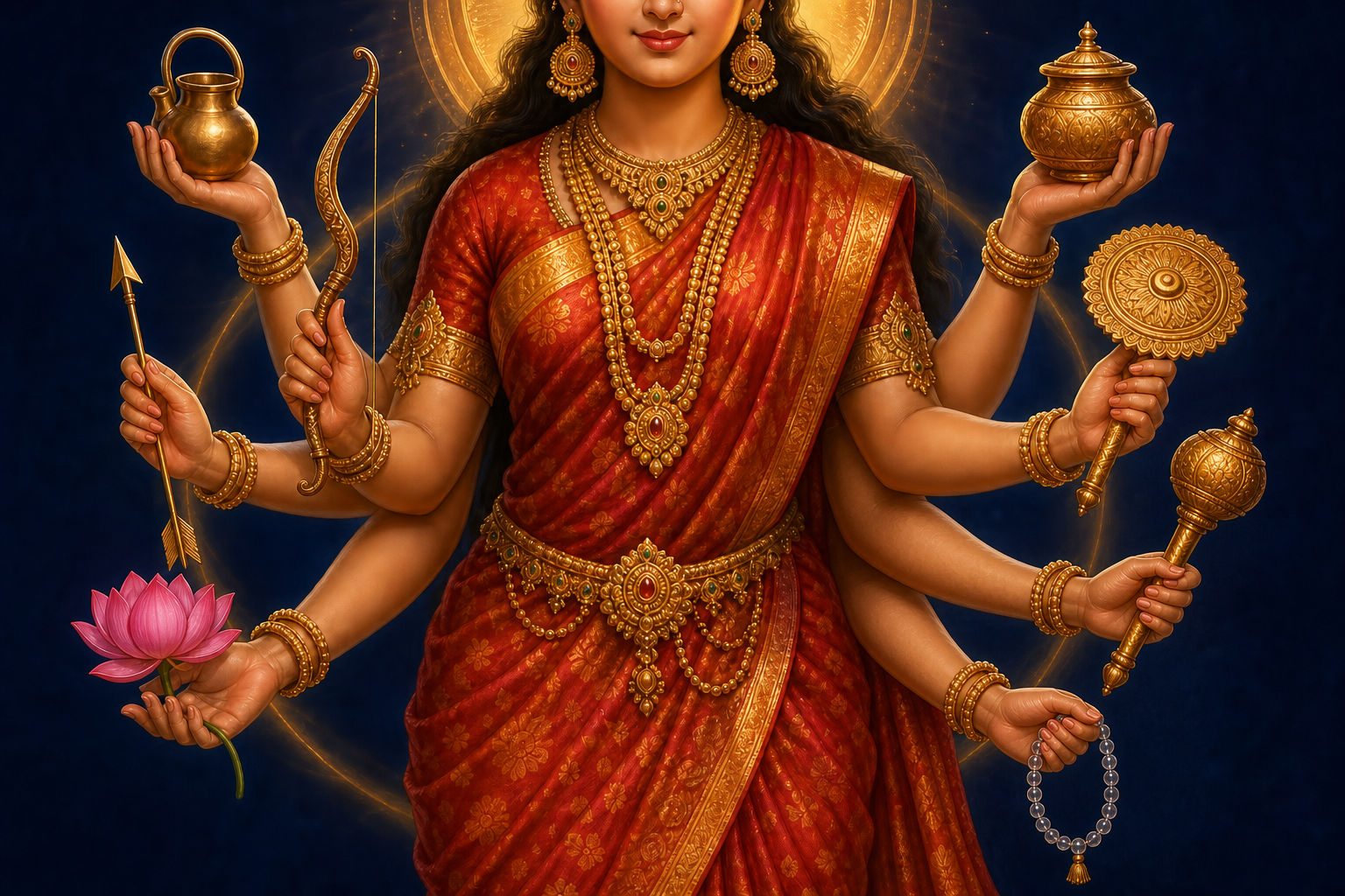 Eight hands of Goddess Kushmanda form a coordinated arc while holding a water pot, bow, arrow, lotus, nectar vessel, discus, mace, and prayer beads.