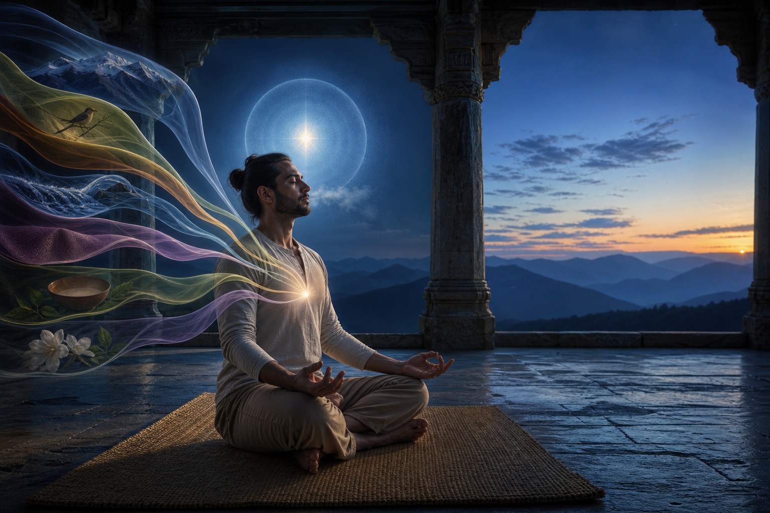 A yoga practitioner meditates in an open stone pavilion at dawn as five delicate sensory streams draw inward and colored currents settle around the body.