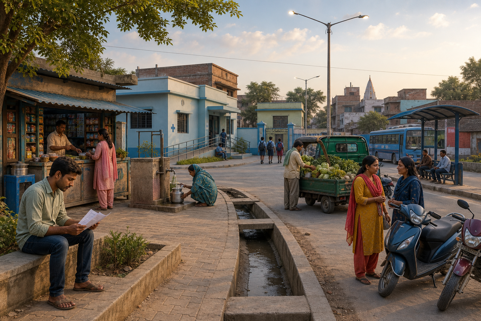 Residents use a clinic, school, water tap, bus shelter and market street in a small Bihar town.