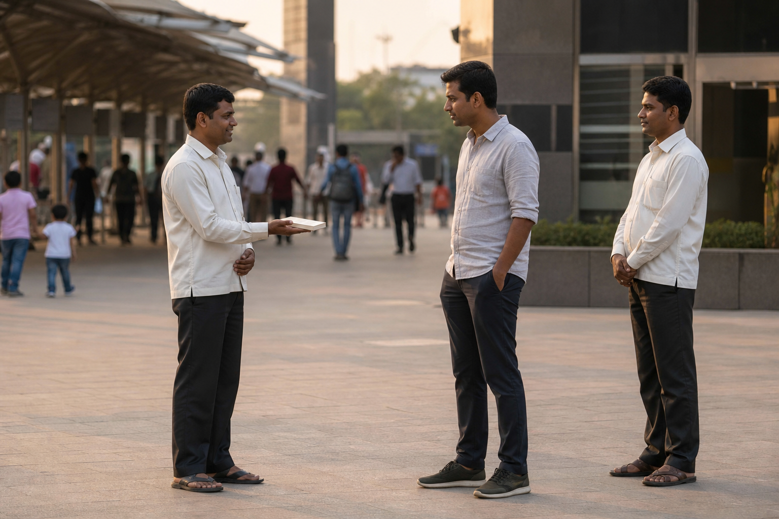 Two book distributors speak respectfully with a passerby in an open public plaza while offering an unbranded book.