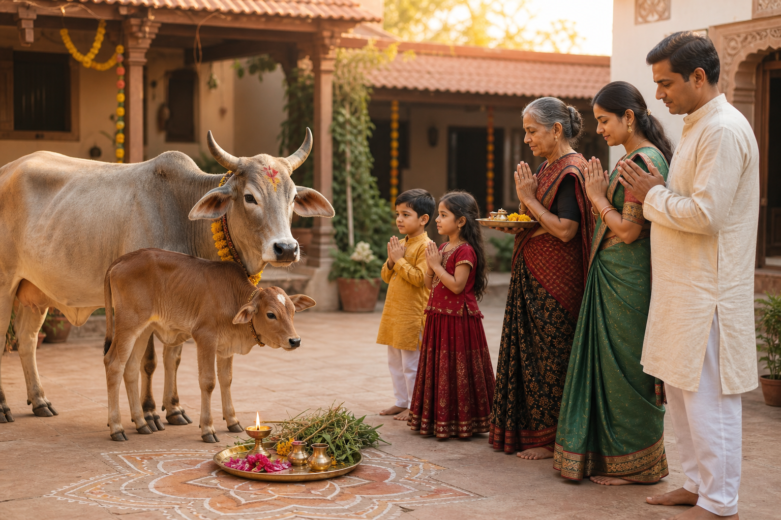 A Gujarati family respectfully worships a cow and calf in a courtyard with an oil lamp, flowers, water, and fresh fodder.