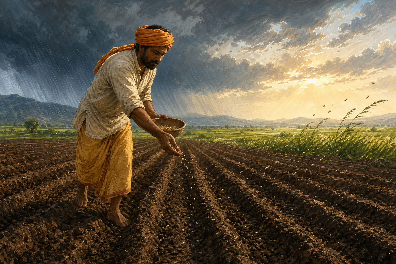 A farmer sows seeds into prepared furrows as wind moves across the field and rain and sunlight divide the distant landscape.