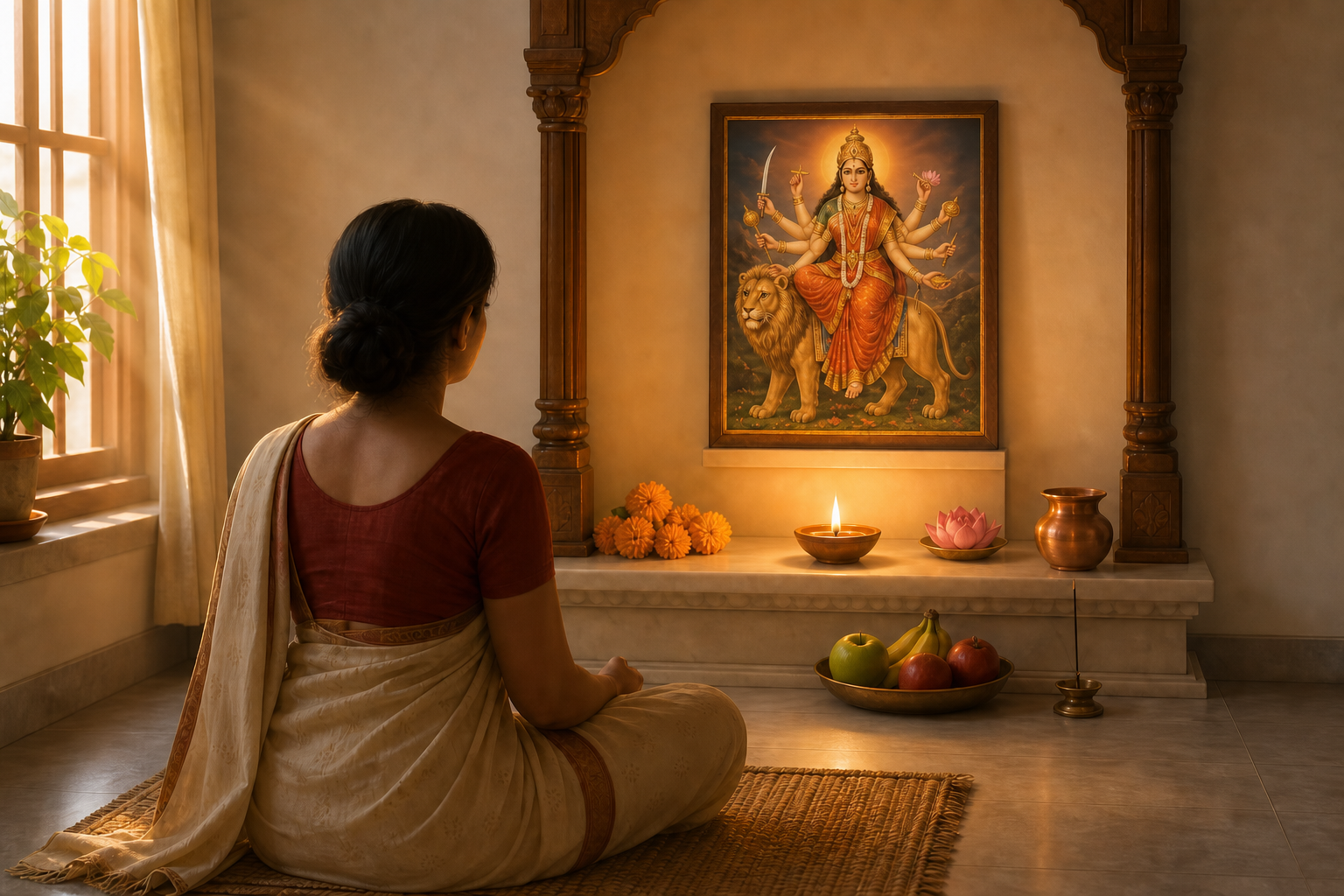 A worshipper sits before a Navaratri home shrine containing a small image of eight-armed Goddess Kushmanda, an oil lamp, flowers, fruit, and a copper vessel.