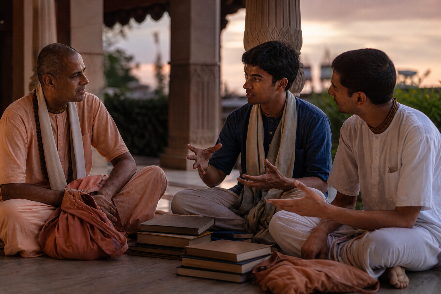 An experienced book distributor listens to two younger volunteers during a mentoring conversation on a temple veranda.