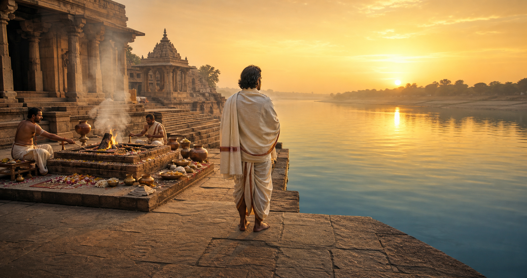 A person stands between a tended fire altar in a stone courtyard and a still river reflecting the sunrise.