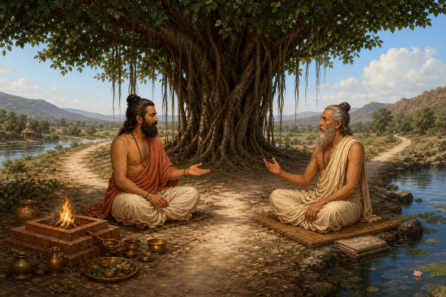 Two philosophers converse beneath a banyan tree, with ritual objects beside one and a meditation seat and reflective pool beside the other.