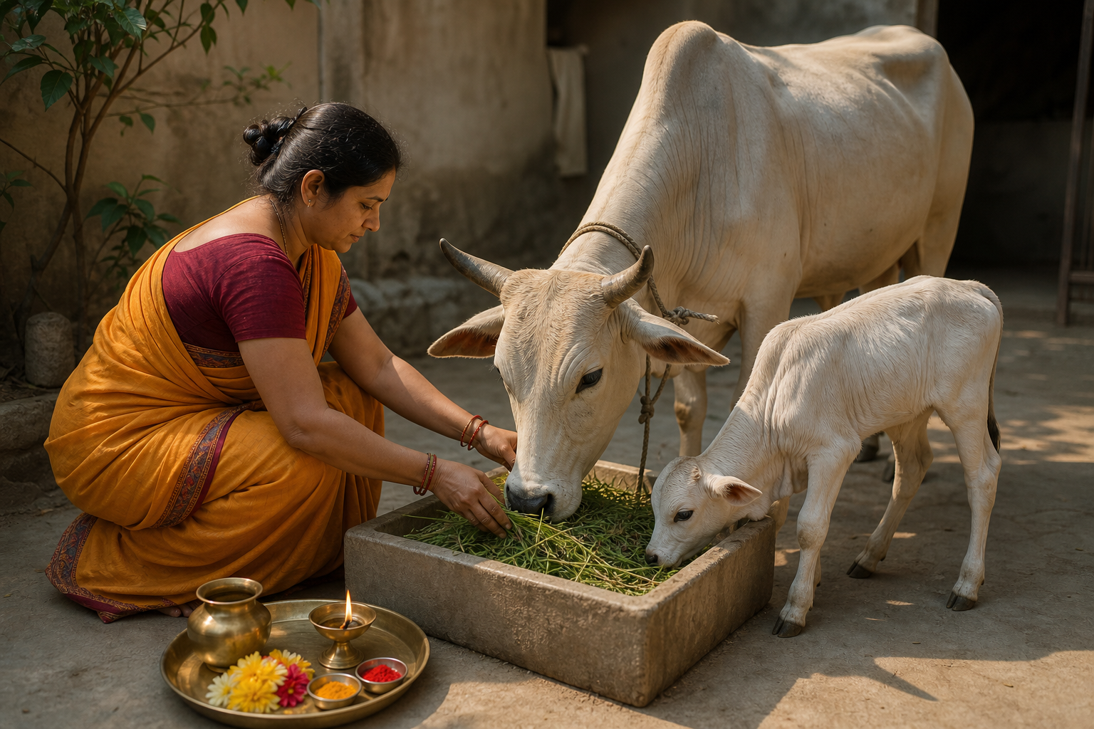 A devotee offers fresh fodder to a cow and calf beside a simple puja tray in a sunlit courtyard.