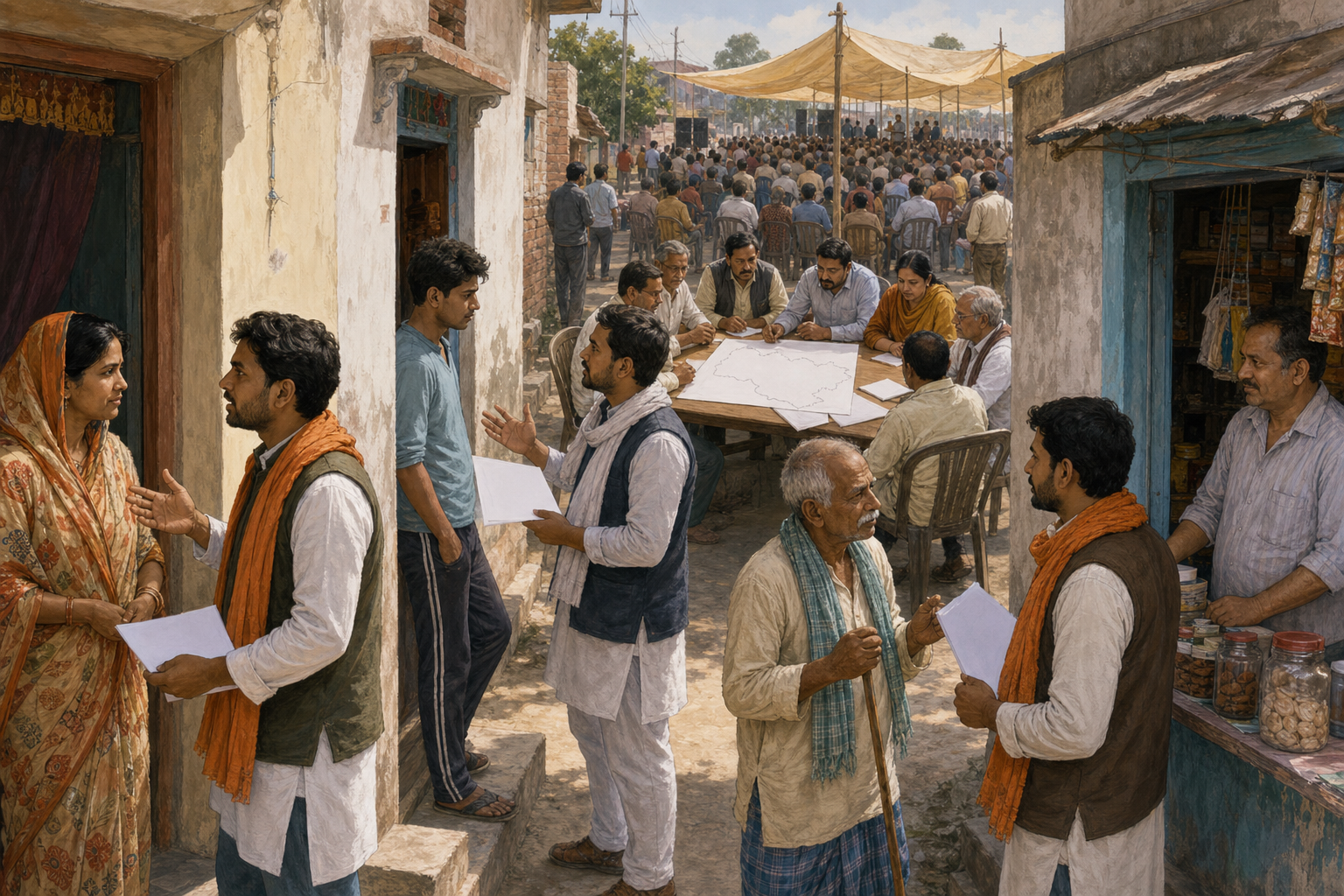 An unbranded rally, a local planning meeting and volunteers speaking with residents appear in one layered Bihar election scene.