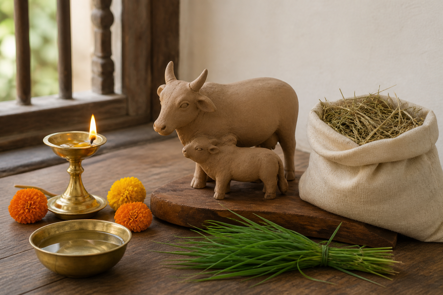 A clay cow-and-calf figure sits beside an oil lamp, flowers, water, fresh grass, and a bag of fodder prepared for donation.