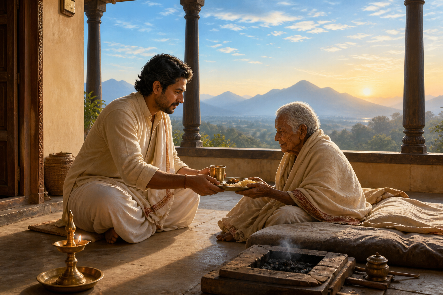 An Indian householder serves food and water to an elderly relative in a sunlit courtyard open to a distant mountain view.
