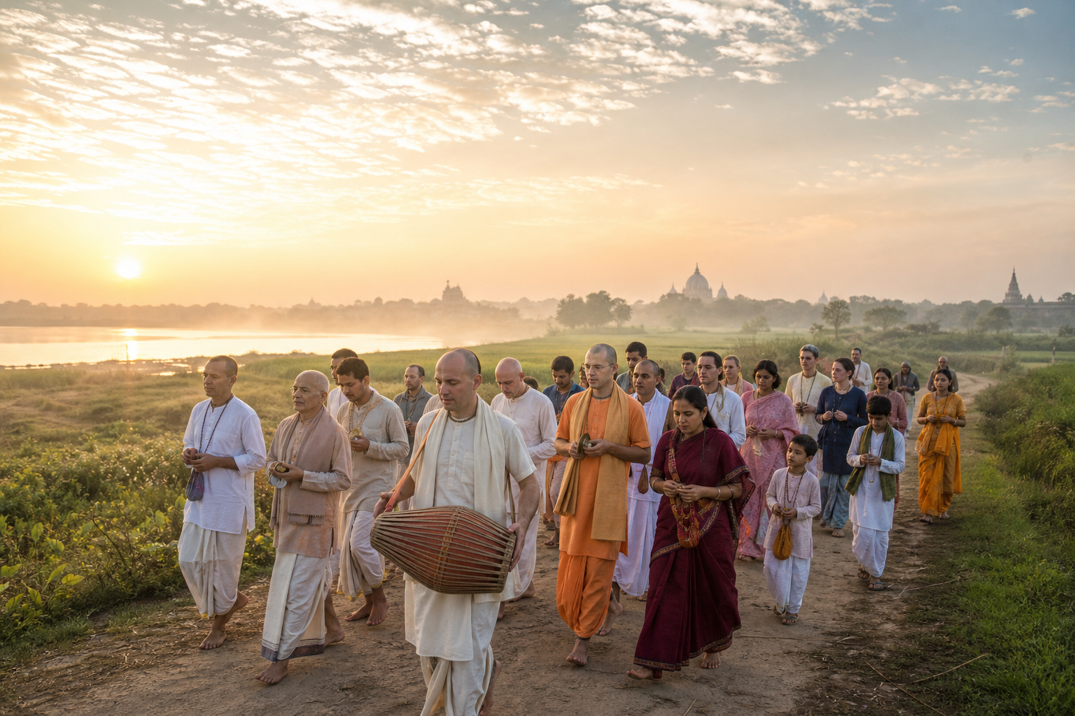 Gaudiya Vaishnava pilgrims walk and sing together on a rural path near fields and a distant temple at sunrise.