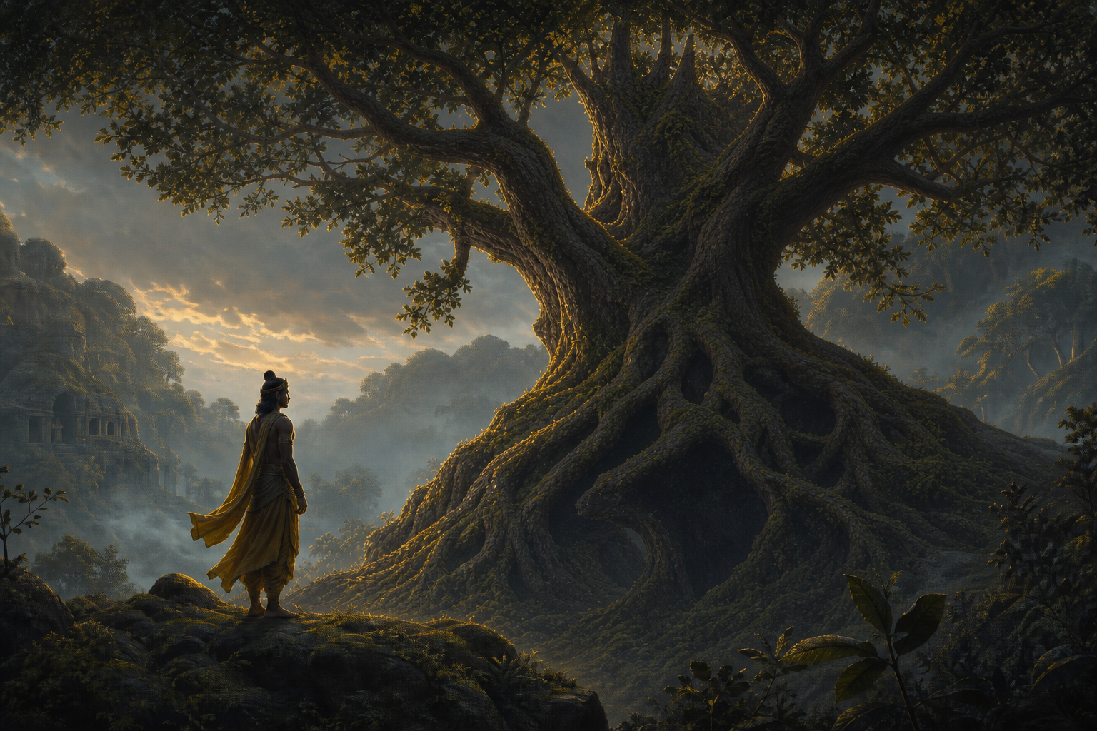 A crowned forest figure stands beside a vast tree whose roots and shadows also form the silhouette of a bear.