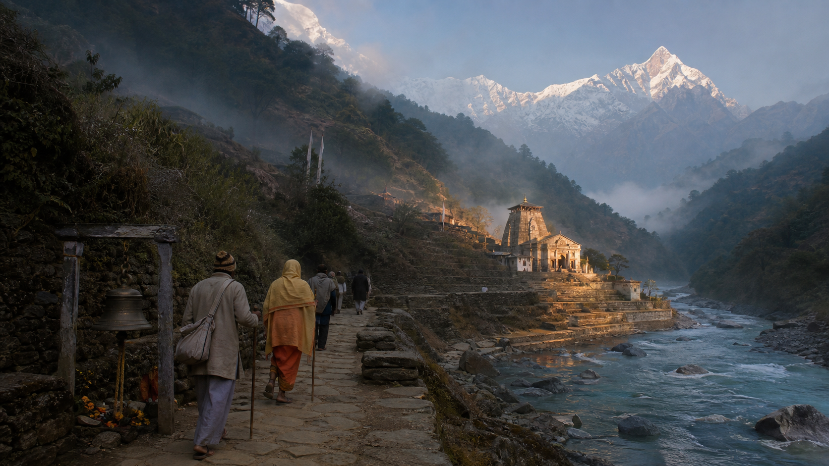 Pilgrims follow a winding stone path through a Himalayan river valley toward a distant temple at dawn.
