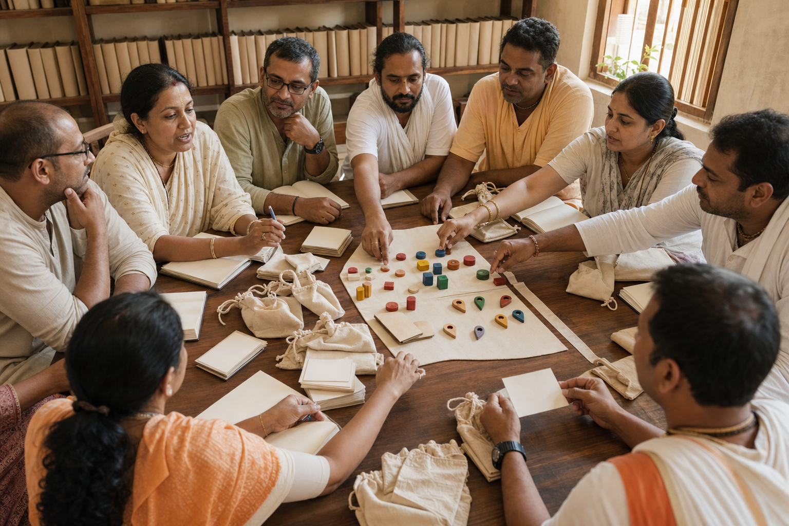 Temple coordinators gather around a table to compare outreach materials and share practical field knowledge.