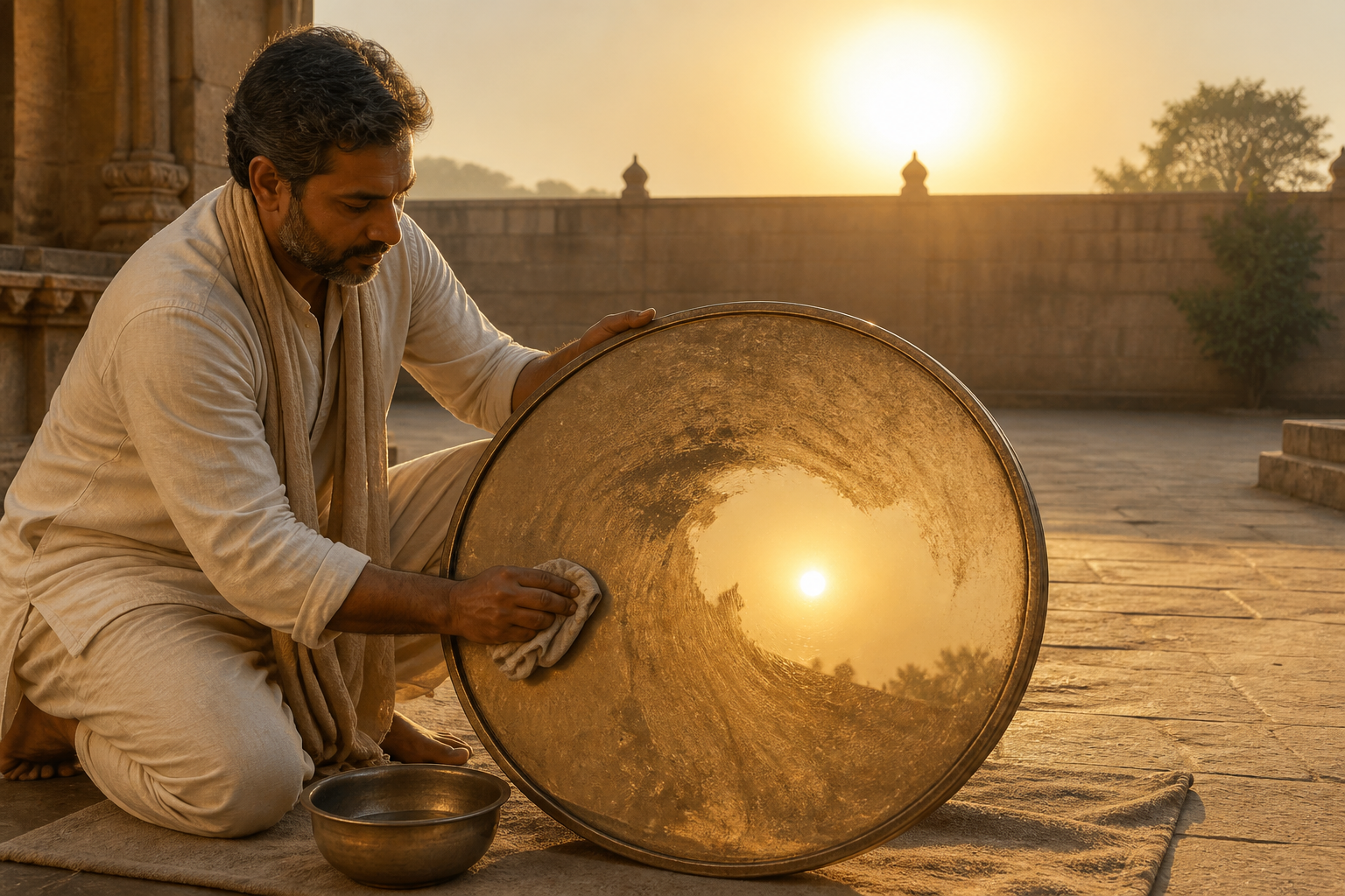 A seeker cleans dust from a bronze mirror that reflects the sun already shining above an ashram courtyard.