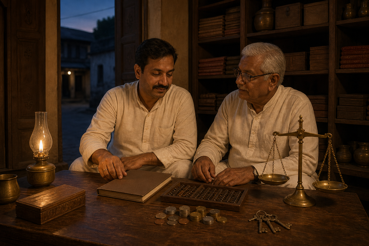 Two members of a Gujarati trading family review neatly arranged accounts beside a closed ledger, coins, keys, a balance scale, and an oil lamp.