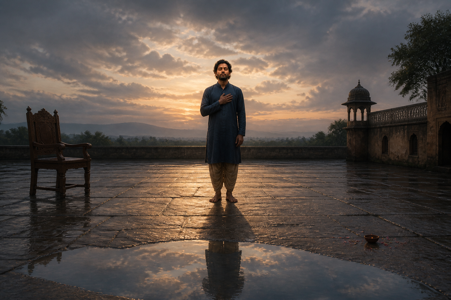A person pauses in a dawn courtyard between an empty wooden chair and an extinguished clay lamp, with clearing clouds reflected in a rain puddle.