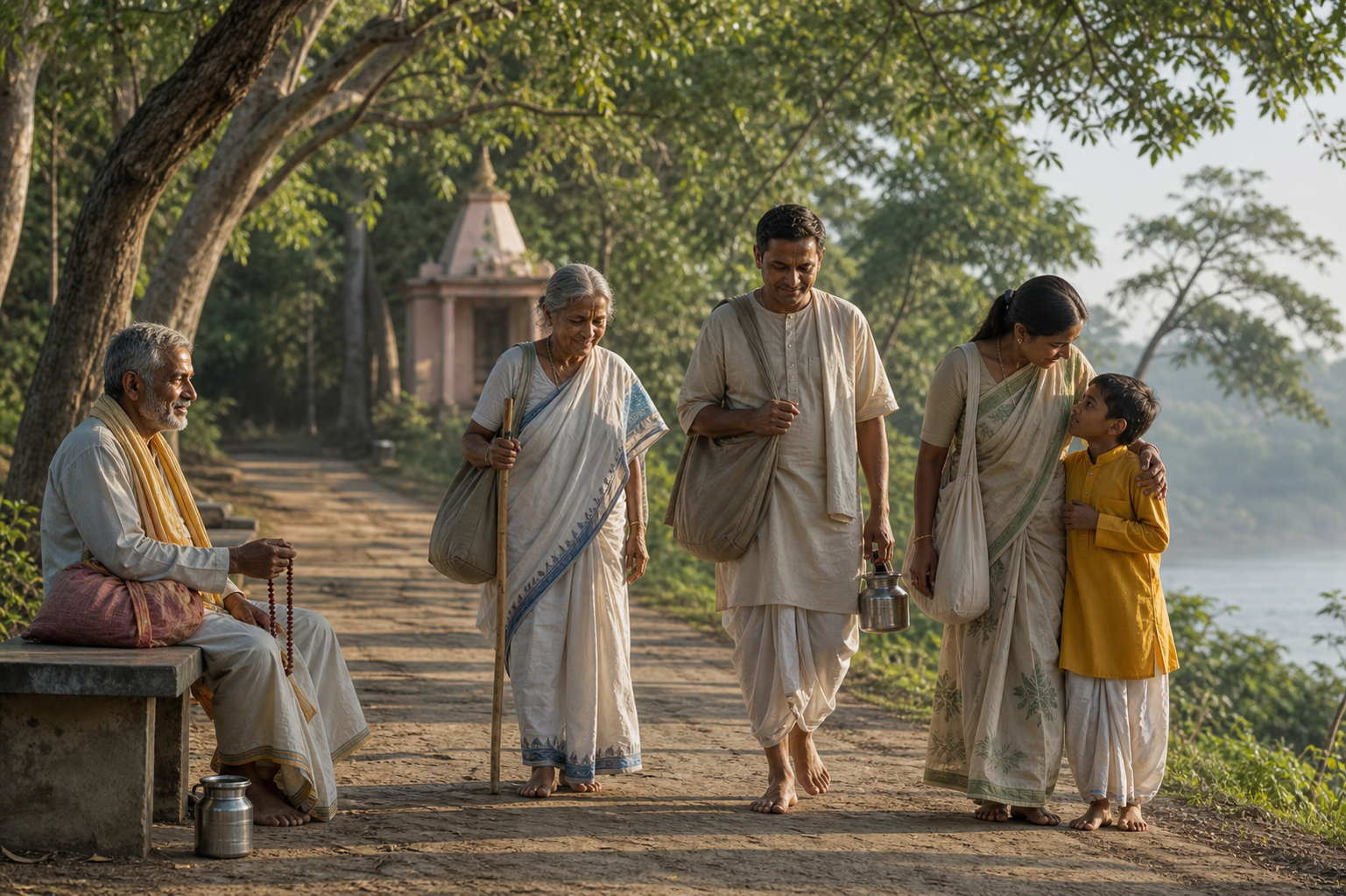 Pilgrims of different ages walk and rest together on a shaded parikrama path, with a shrine visible through the trees.