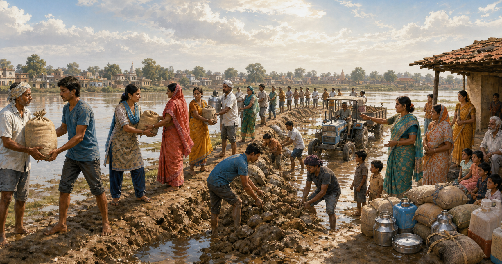Villagers of different ages work together to move supplies and repair a flood-damaged settlement in Bihar.