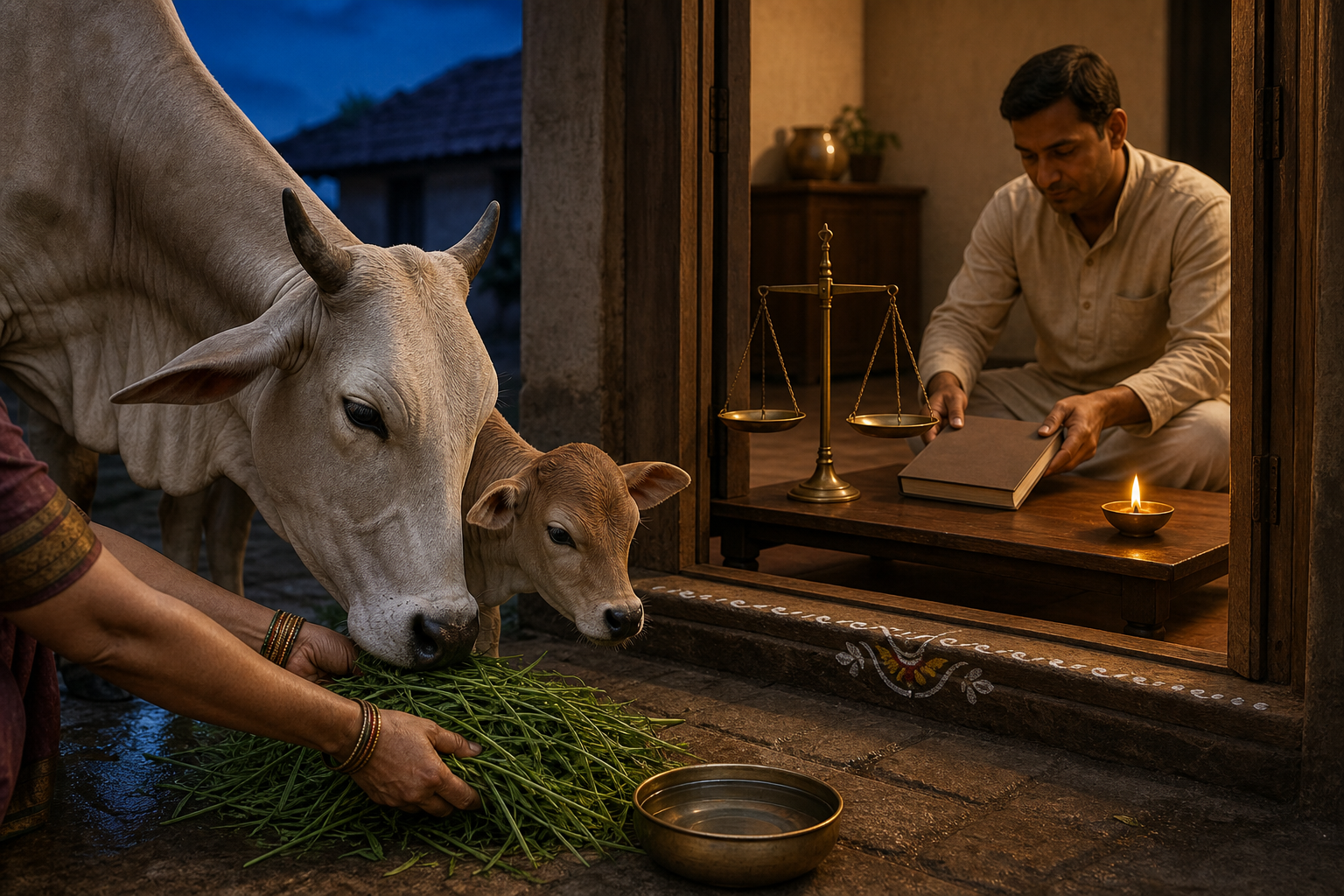 Hands provide fodder and water to a cow and calf while a family member closes a plain ledger beside a balanced scale indoors.