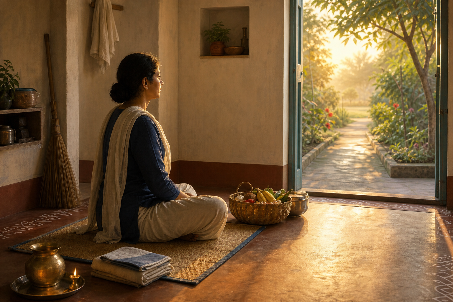 A person sits in quiet contemplation beside an oil lamp and completed household tasks as morning light enters from a garden.