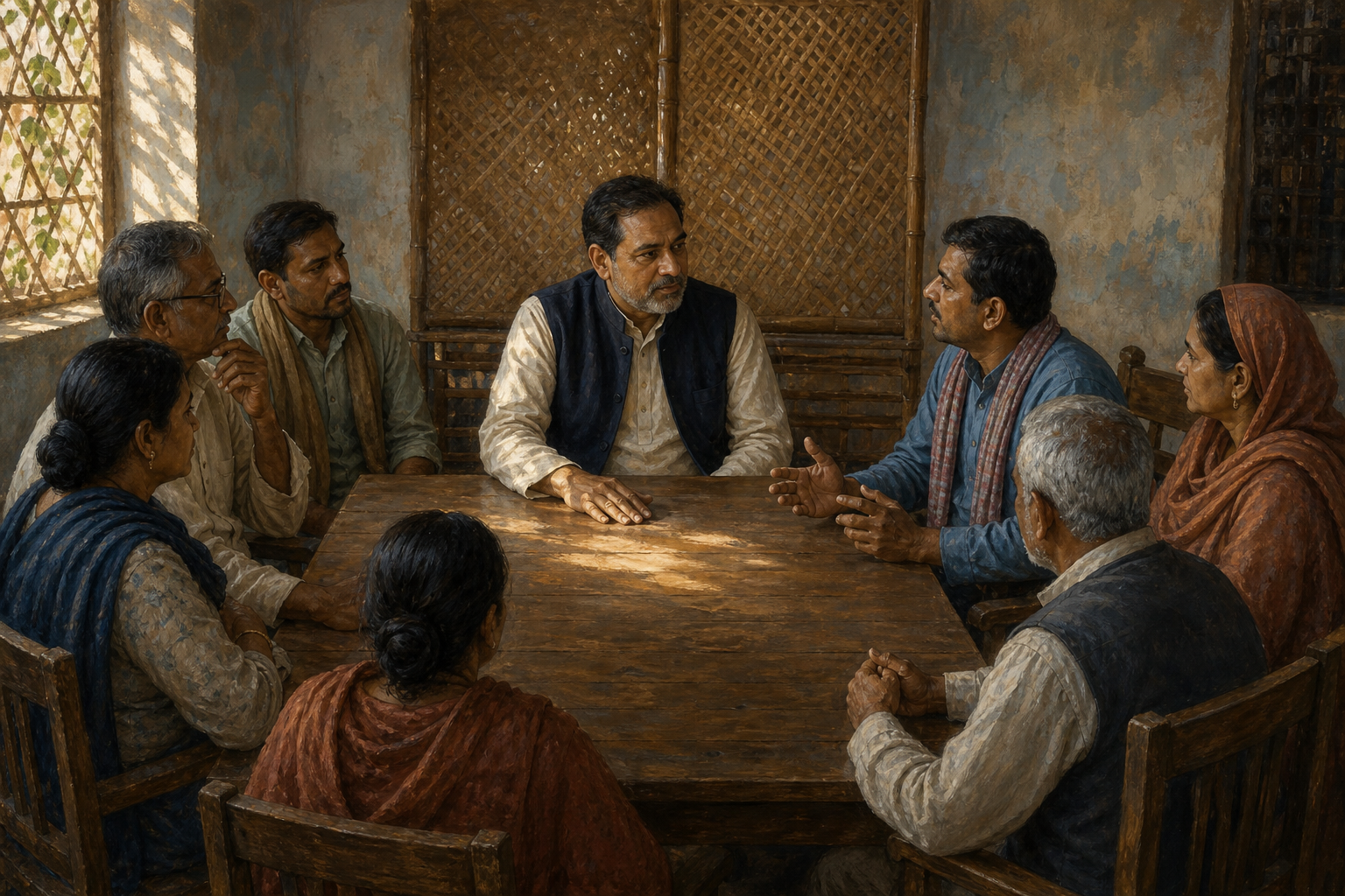 A leader listens with an open hand at a wooden meeting table while another person calmly expresses disagreement and others sit nearby.