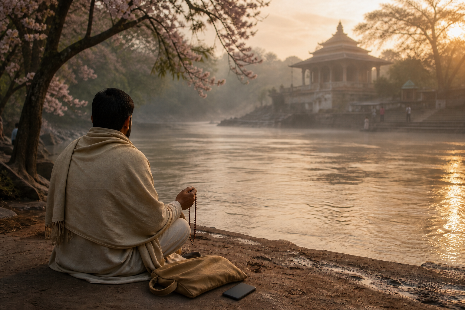 A pilgrim sits beside a river with prayer beads while an unused phone lies face down near a cloth bag.