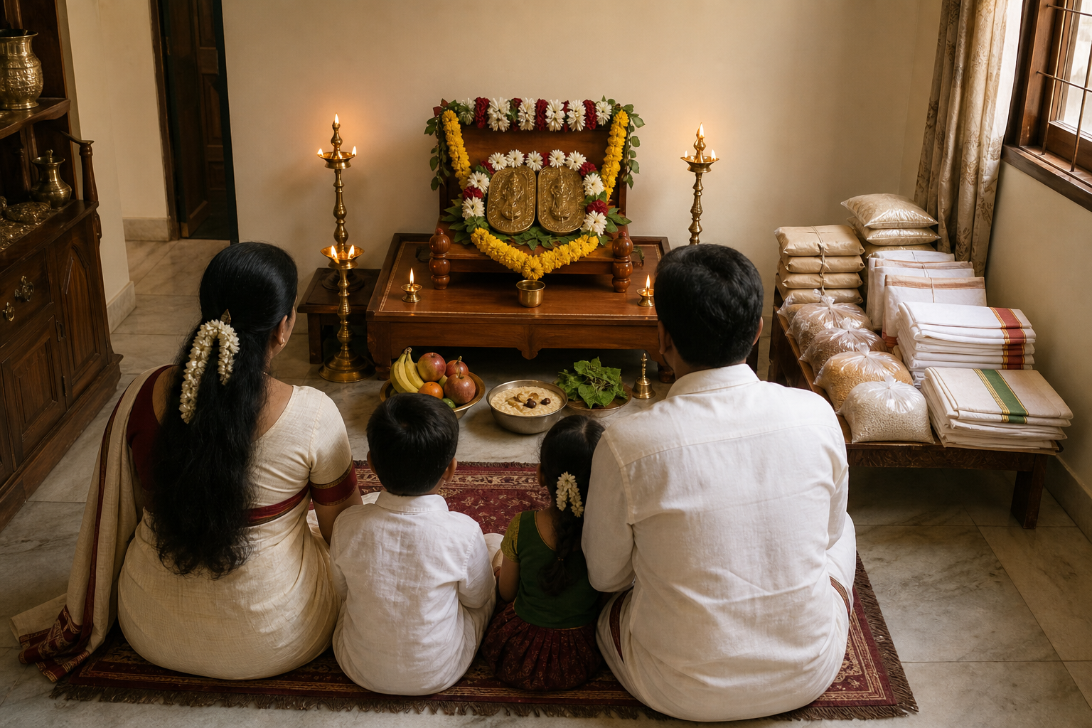 A family prays before flower-decorated guru padukas while food and folded cloth are prepared for charitable giving.