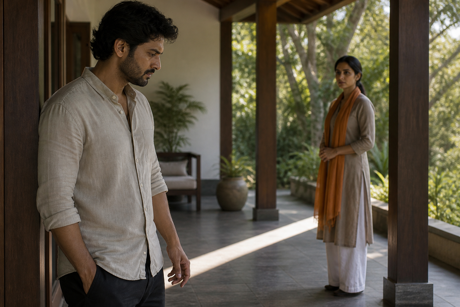 Two people face each other on a veranda as one pauses with a relaxed hand before responding during a tense exchange.