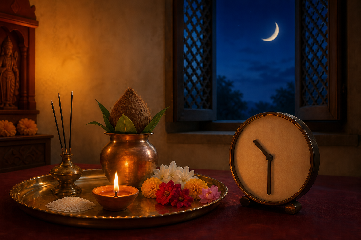 A puja tray with a glowing diya, flowers, a copper vessel, and a numeral-free clock showing 10:30 beside a window overlooking a waxing moon.