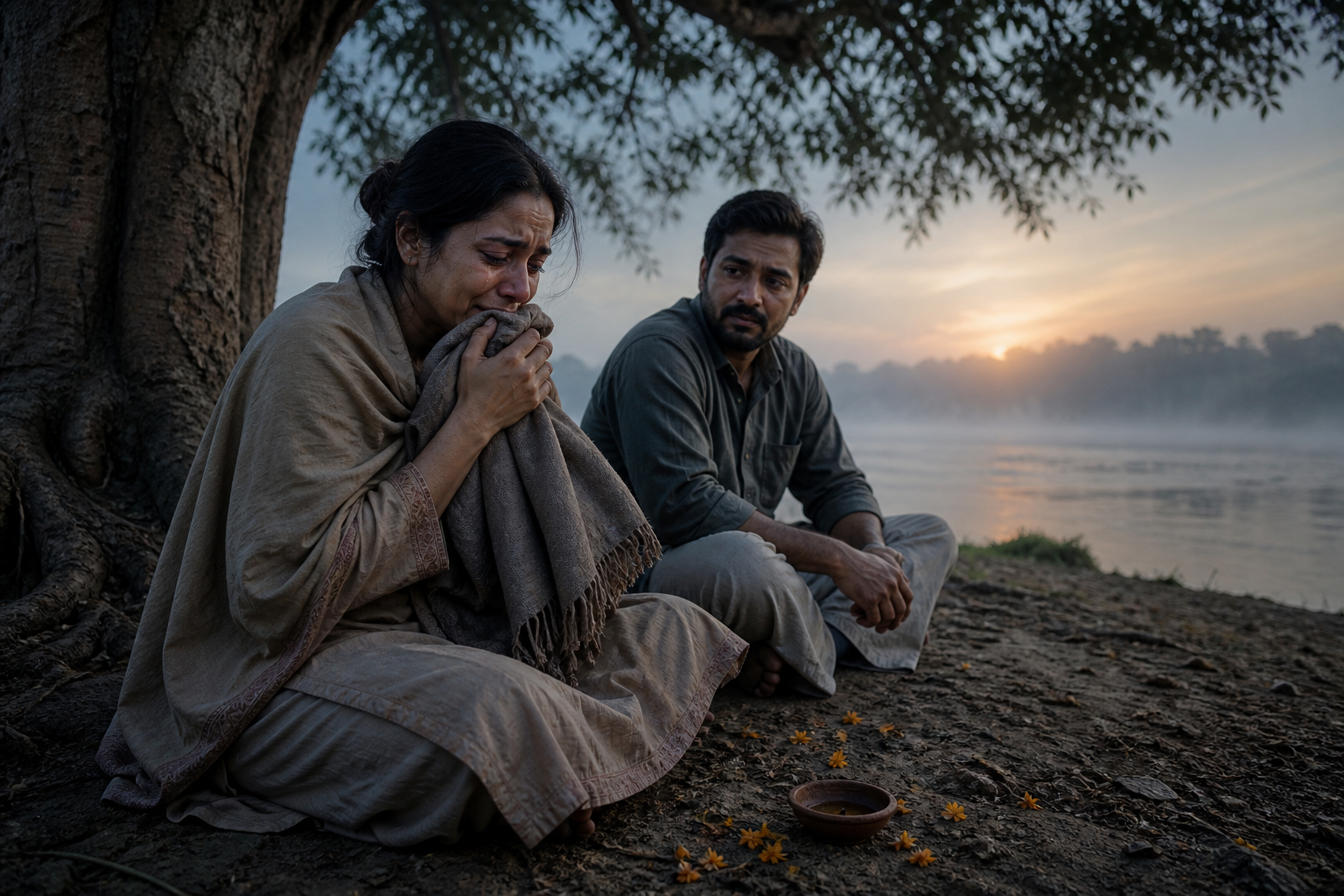 A grieving person cries beneath a riverside tree while holding a folded shawl, with a quiet companion seated nearby.