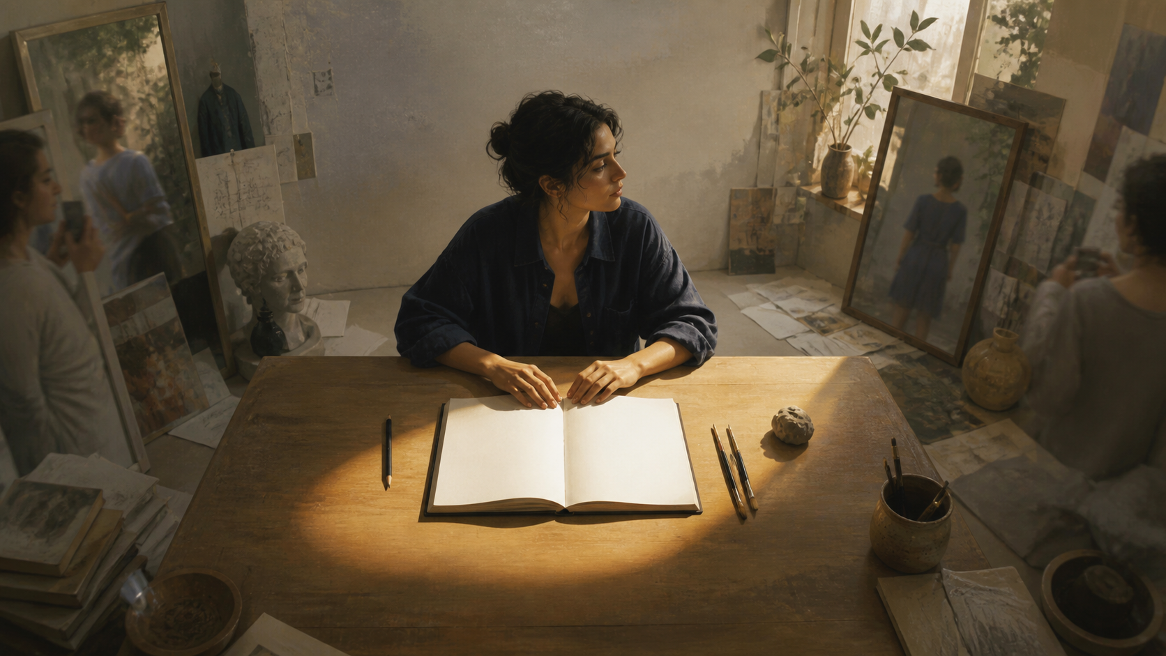 A creator sits calmly at a wooden desk with a blank sketchbook and art materials as warm light isolates the workspace from surrounding clutter.