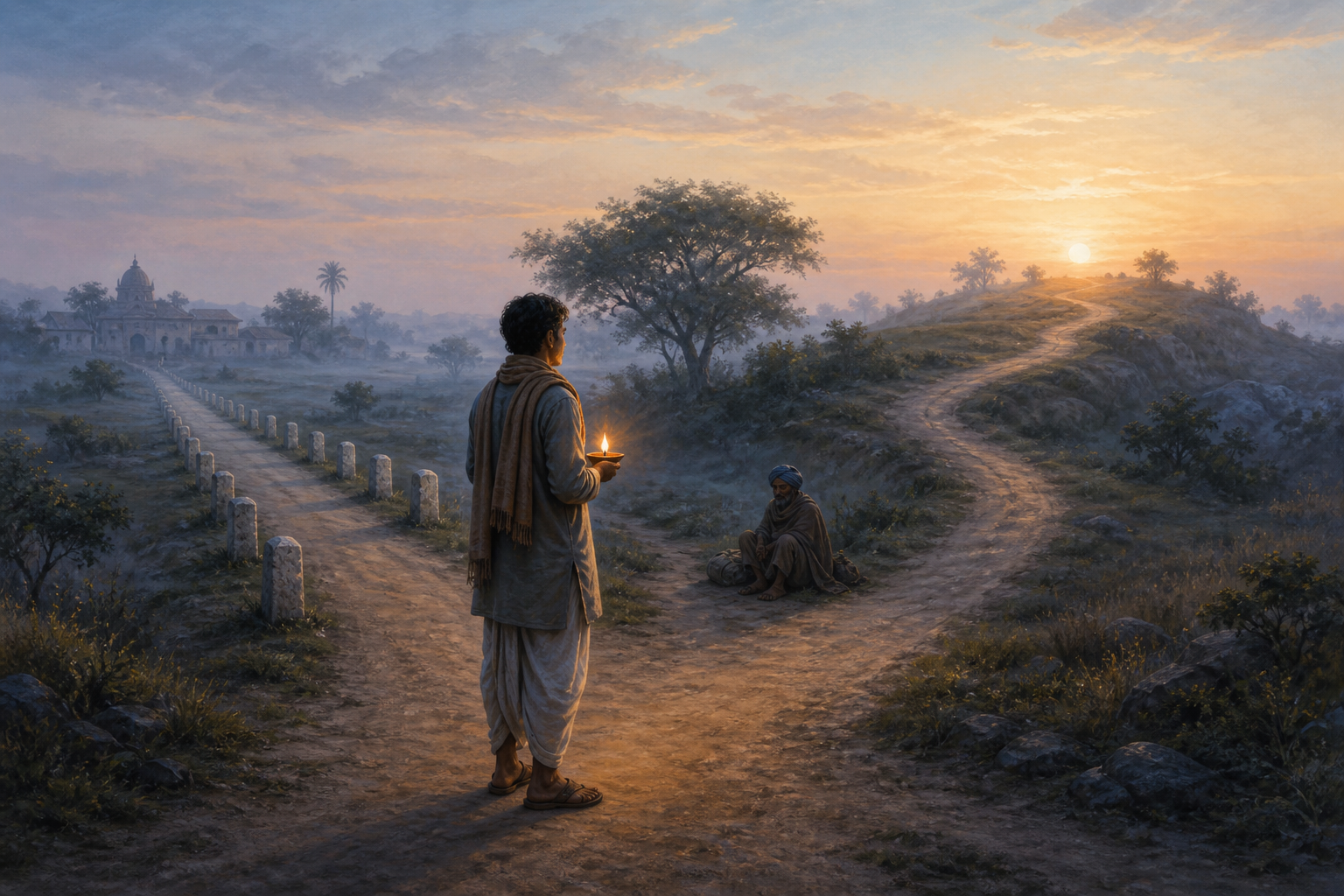 A person holding an oil lamp pauses at a three-way crossroads, with stone markers on one path and a seated traveler beside another.