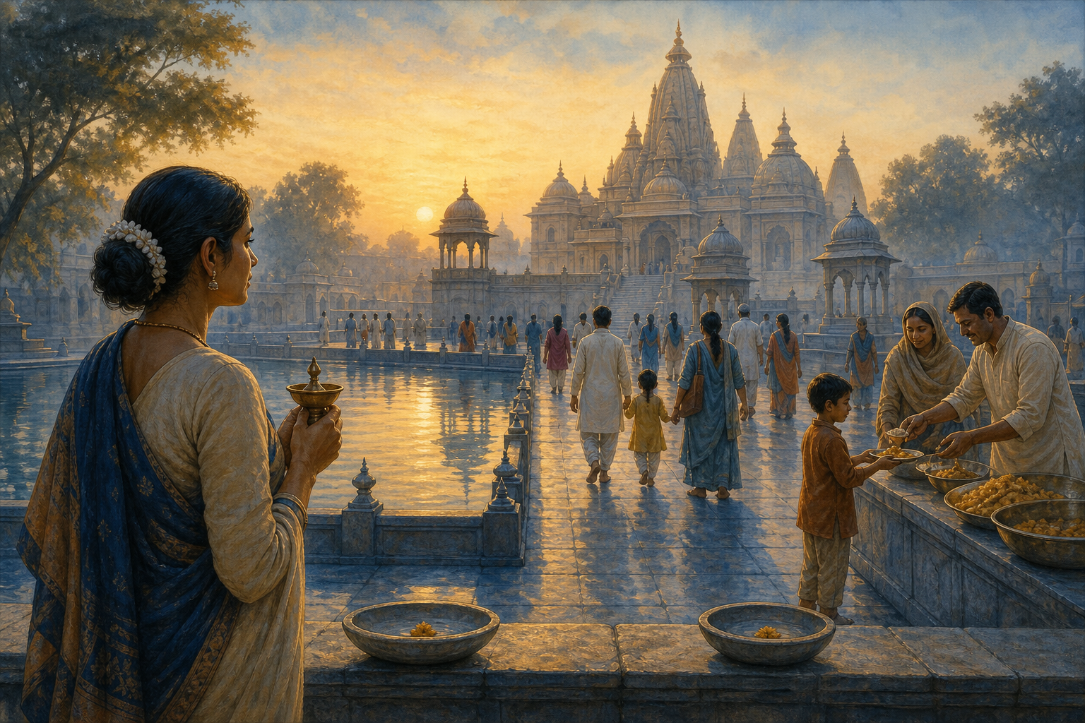 A devotee holding a brass oil lamp overlooks a dawn-lit temple courtyard where pilgrims walk and volunteers distribute food.