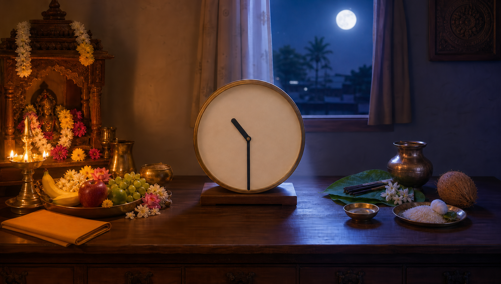 A numeral-free clock showing 10:30 divides a warmly lit completed puja setting from a cooler, newly prepared ritual setting.