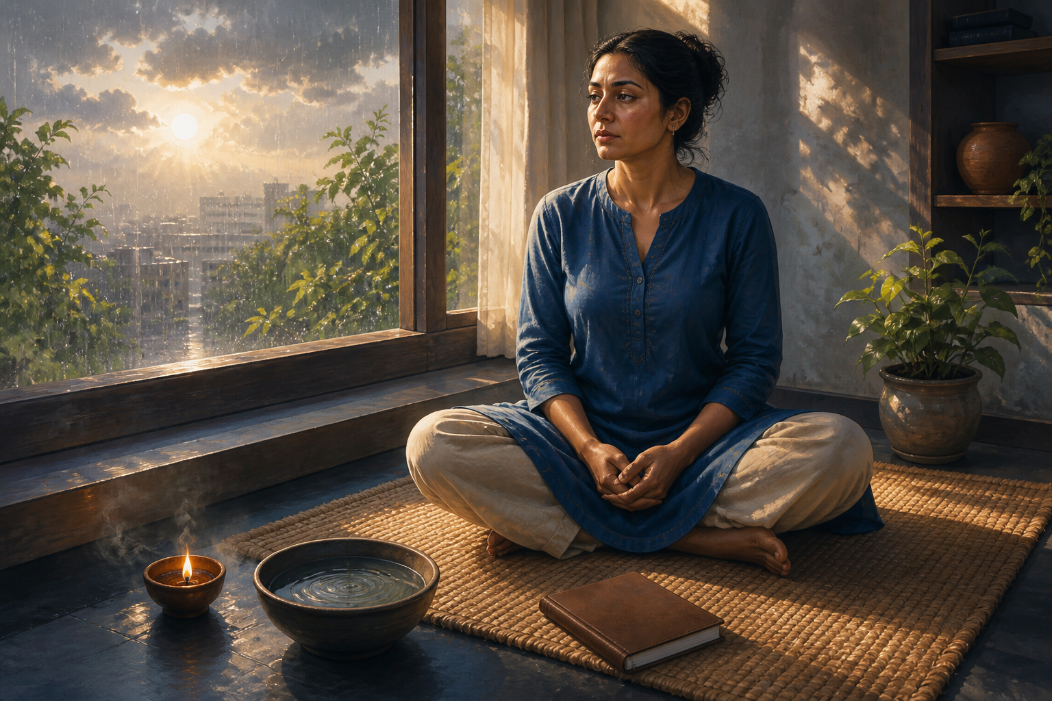 A person sits on a woven mat beside an open window as sunlight, rain haze, and cloud shadows pass through the room.