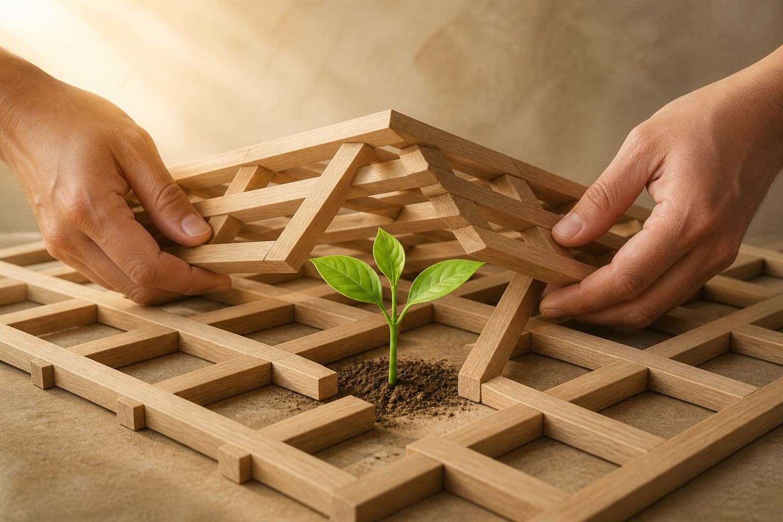Two hands adjust a wooden lattice around a young green sapling so it remains protected while continuing to grow.