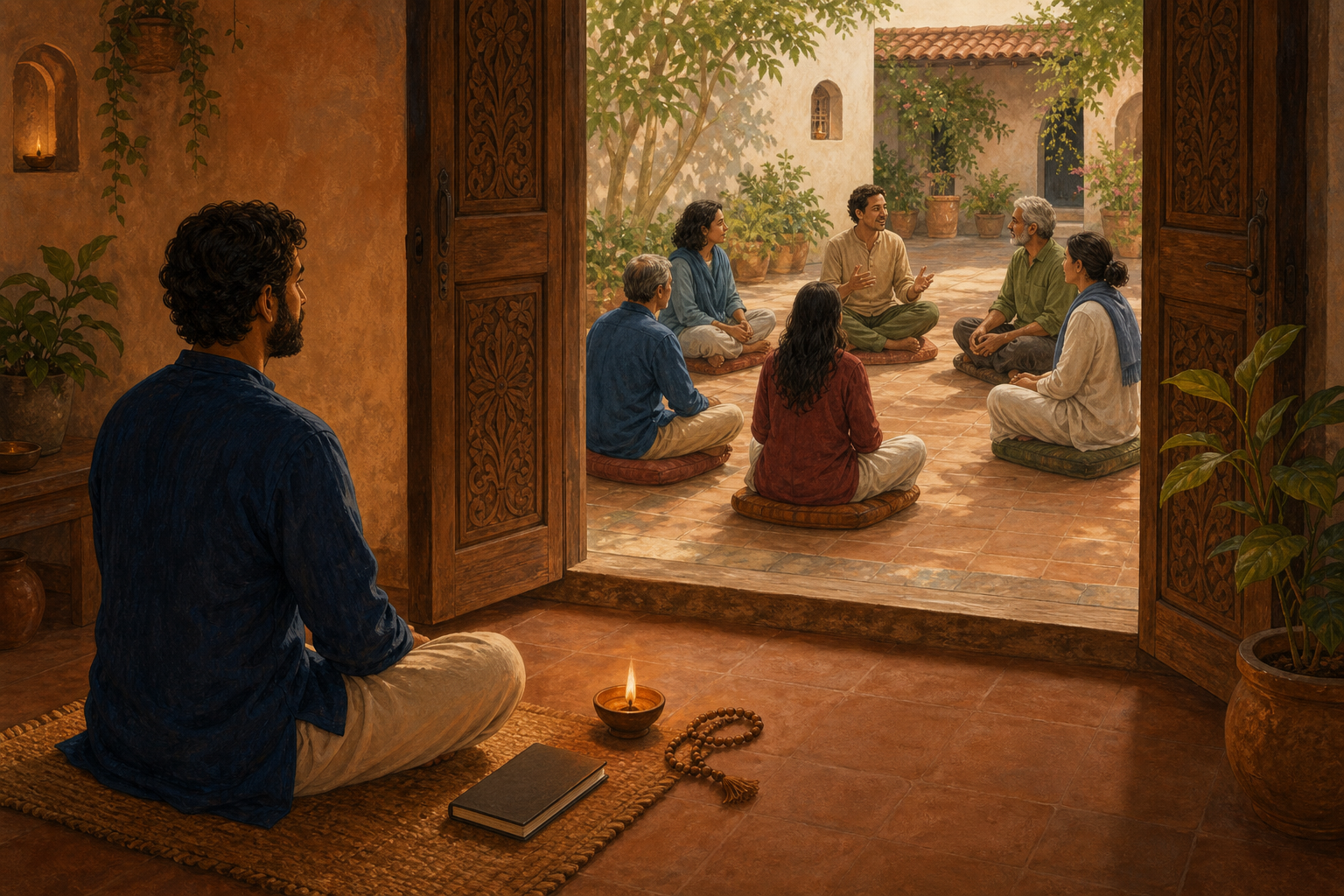 One adult practices quietly beside a lamp in a room while six adults sit in a listening circle in the adjoining courtyard.