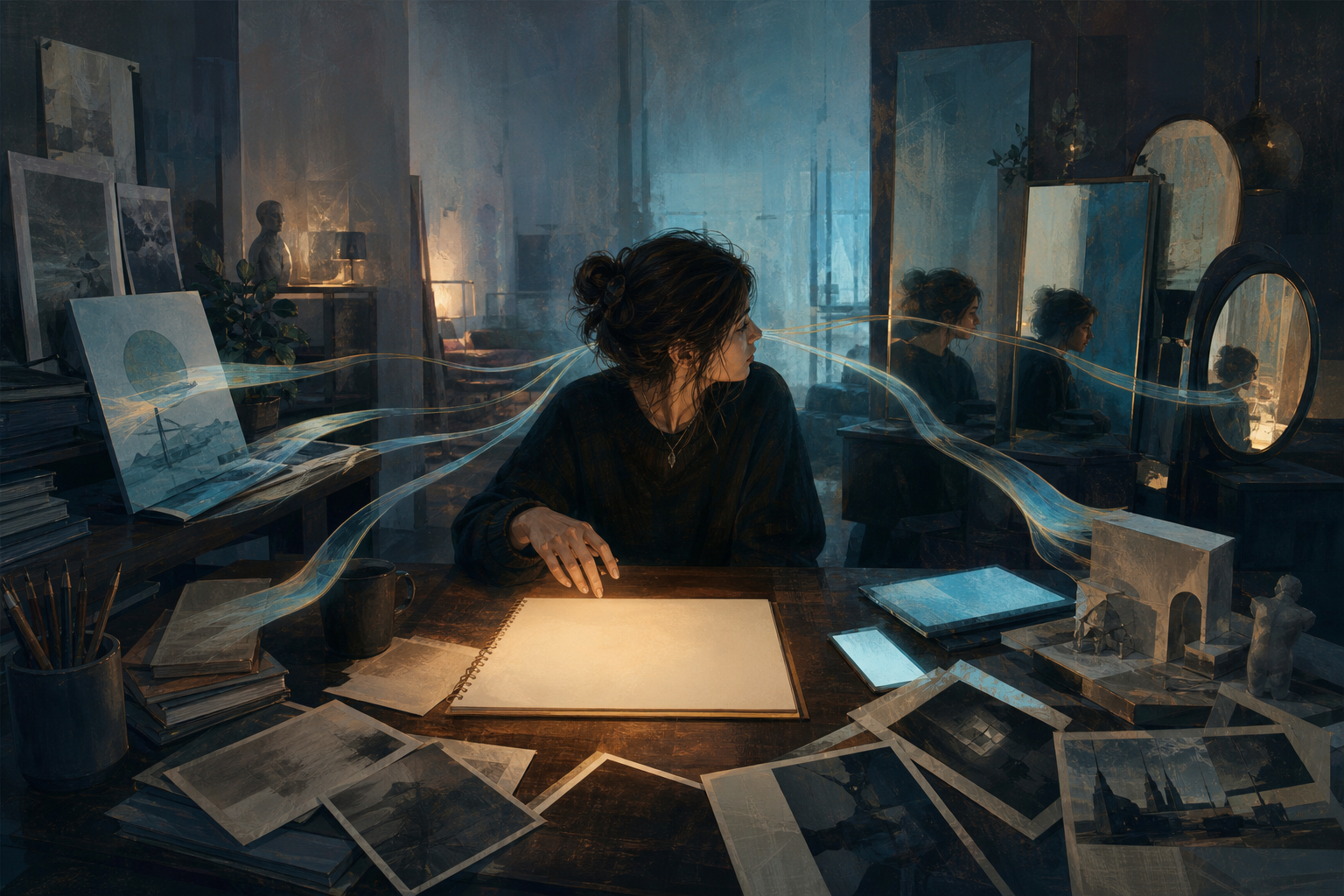 A distracted creator faces a blank page while books, devices, reflections, and unfinished objects pull their attention in several directions.