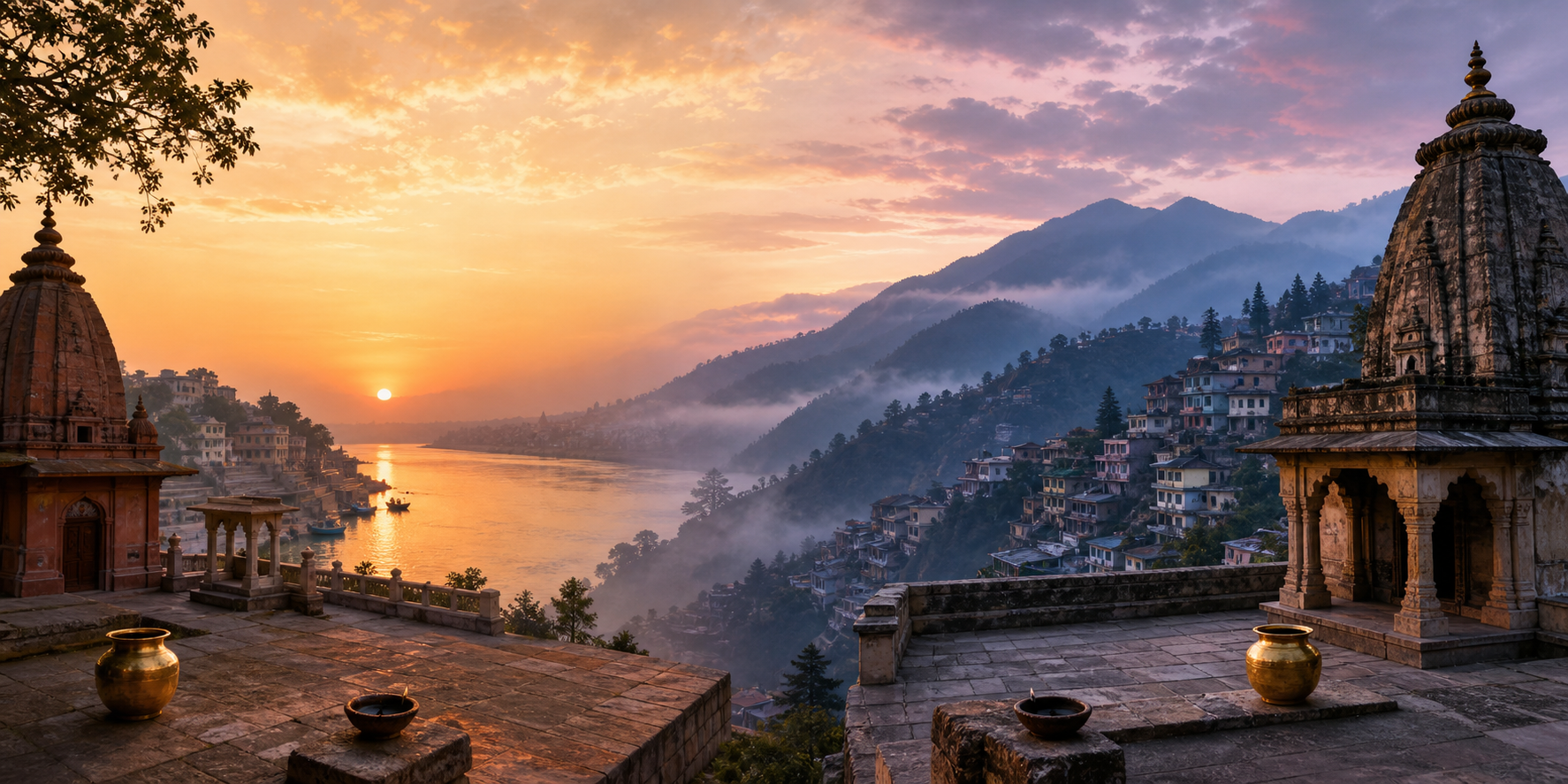 Two Indian landscapes at dawn show sunrise reaching a riverside settlement before a hill town behind mountain ridges.