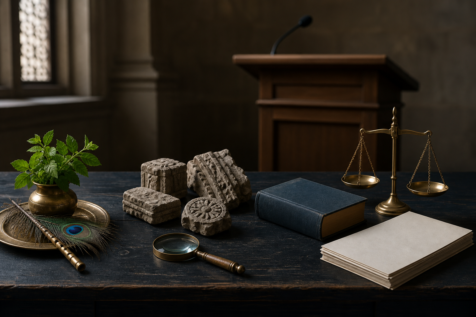 A tabletop holds devotional objects, old stone fragments, legal scales with blank papers, and an empty lectern in separate groupings.