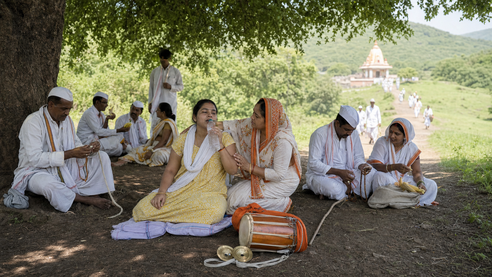 Devotees rest in the shade with water, fruit, prayer beads, and musical instruments after walking and singing.