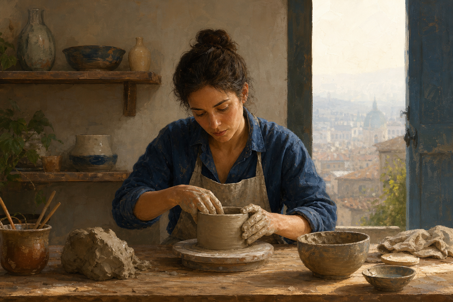 A ceramic artist calmly shapes a clay vessel at a sunlit studio table surrounded by a small collection of handmade pieces.