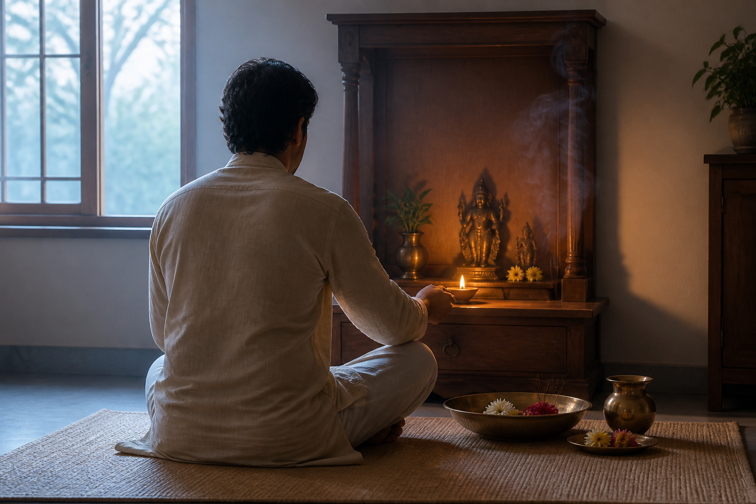 A devotee seated on a woven mat quietly tends a clay lamp before a simple home shrine at dawn.