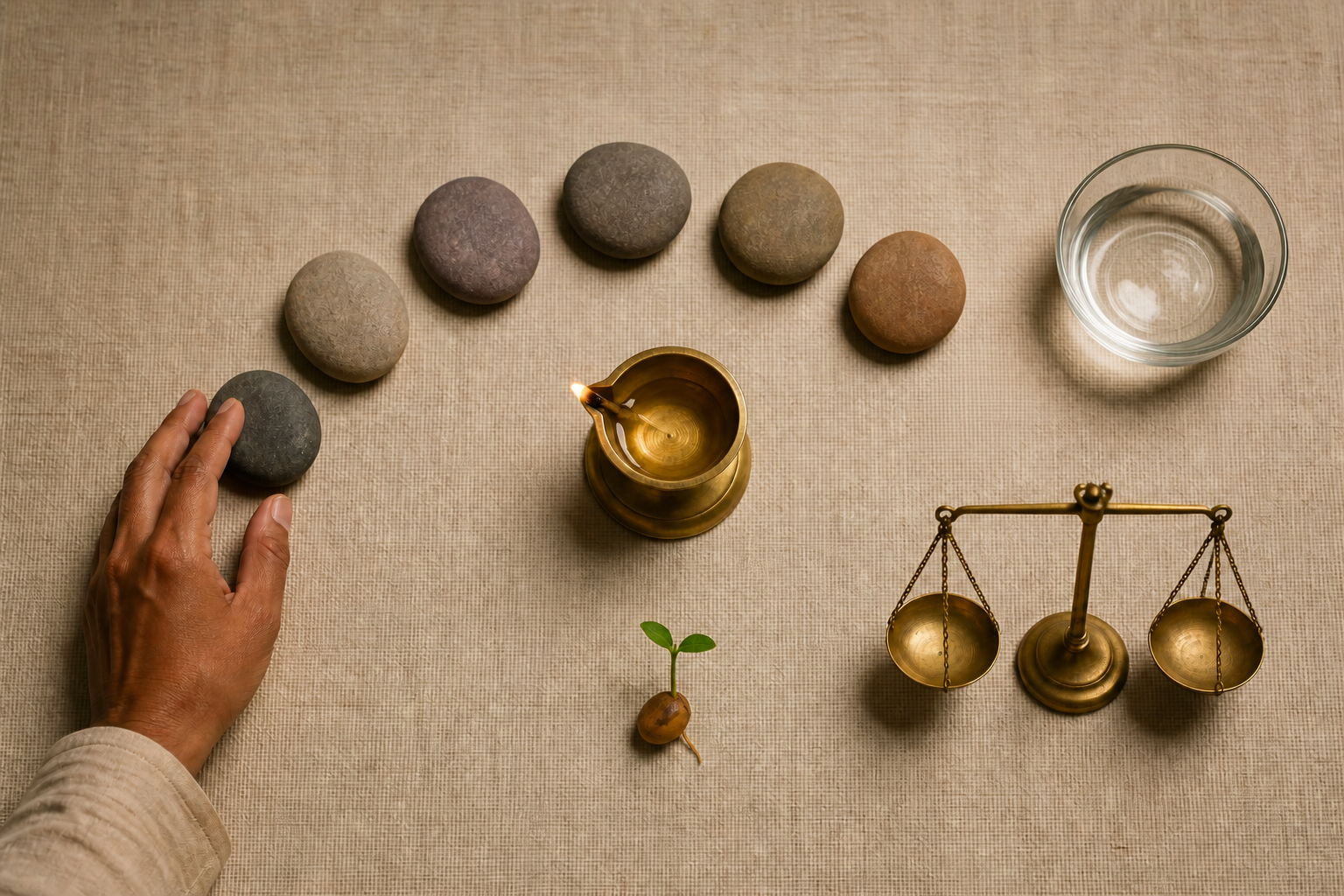 Six river stones form an arc around a brass oil lamp, with a hand, a bowl of water, a small balance scale, and a sprouting seed nearby.