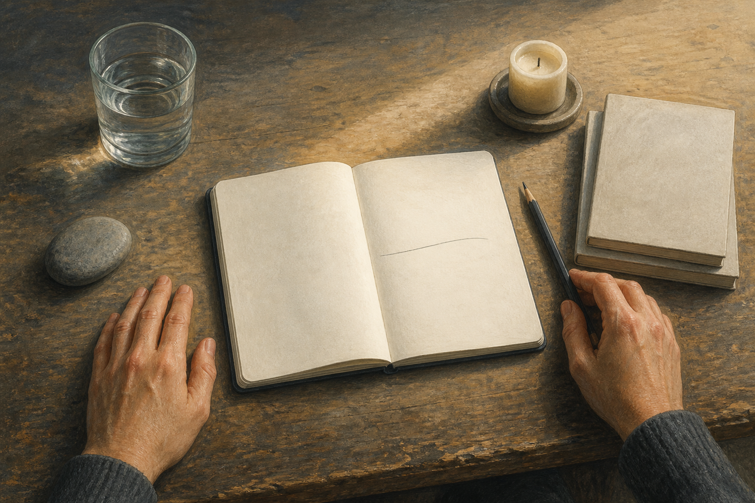 A writer pauses at a cleared workspace before reaching for a pencil beside an open notebook, water glass, smooth stone, and reference materials.