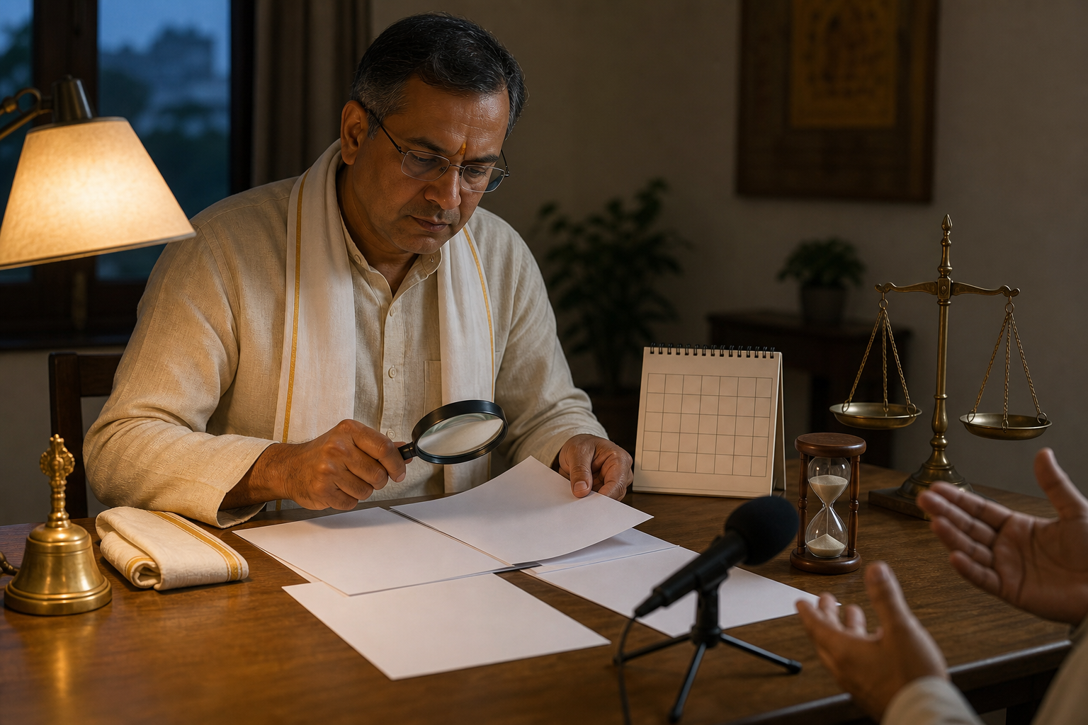 A devotee examines blank documents with a magnifying glass at a community table while an anonymous speaker gestures across from them.